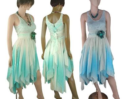 Aqua Ombre blue and white beach wedding dress. Tie up back off a natural waist. High low skirt with fading tatters in blue and white Ombre. One of a kind, hand made, eco-friendly boho style dress.