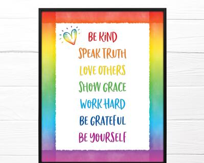 Rainbow Kids Room Digital Download, Be Kind, Speak Truth, Love Others, Show Grace, Work Hard, Be Grateful, Be Yourself.