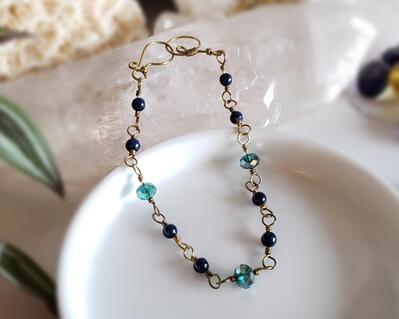 Lapis Lazuli Gemstone and Peacock Glass Brass Bracelet