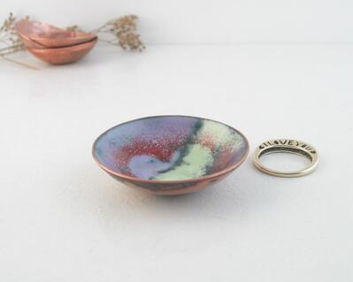 copper enameled trinket dish red heart reverse-stenciled over purple, lichen green, and peri