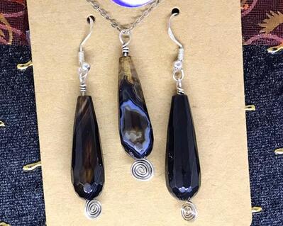 Black agate long teardrop briolette necklace & earring set