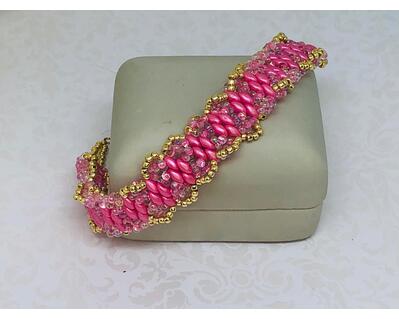 Think Pink Cancer Awareness Gold Crystal Superduo Bracelet