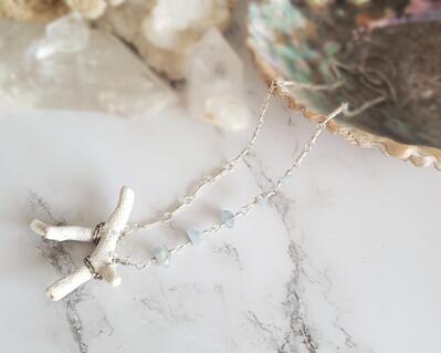 Aqua Aura Quartz and Mexican Coral Fine Silver Necklace