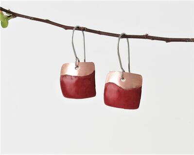 small square copper enamel dangle earrings flame red