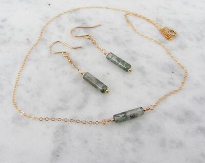Moss Agate Necklace and Earring Set, 14K Gold Filled