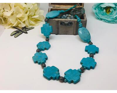 Handmade Large Chunky Turquoise Cross Oval Necklace