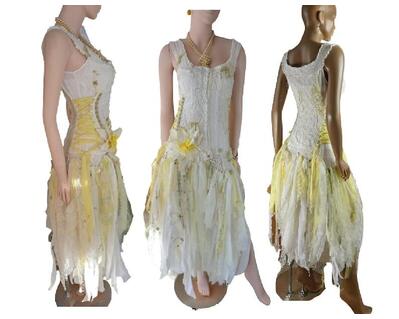 Yellow and white hippy boho shabby event or wedding dress, very cute.