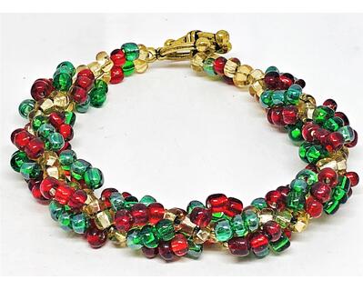 handmade dark green red gold spiral beadweaving bracelet