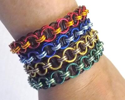 Helms chain pattern chainmaille bracelets in wizarding school house colors, handmade of anodized aluminum by RainbowMaille