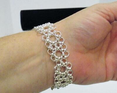 silver-plated Japanese lace variation chainmaille bracelet, handmade in the USA by RainbowMaille