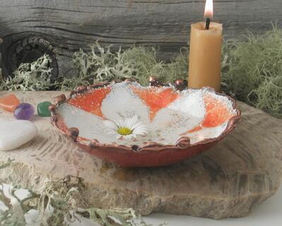 lotus copper enamel trinket dish shown in vignette