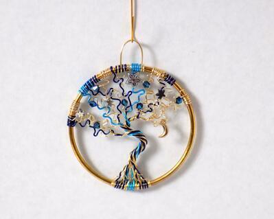 handmade tree of life wire sculpture art in gold and blue with crystal beads, moon and stars, by RainbowMaille