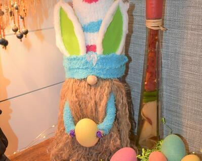 Full front view of Purple Easter Bunny Wine Bottle Gnome with Green Ears