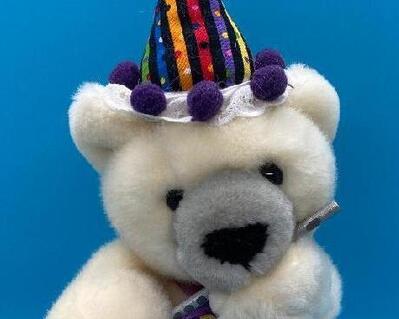 Super plush white bear wearing birthday hat and playing a flute. A small recorder in back for personal message. Could be the flute instructor, mom and dad singing happy birthday. ...... so many more ways to do a message.!