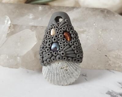 Grey Shell and Pearl Polymer Clay Pendant