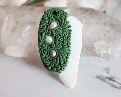 White Shell and Freshwater Pearl Green Polymer Clay Pendant