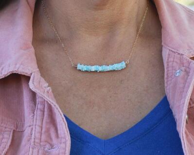 Blue Opal Square Bead Bar Necklace