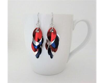 Scalemaille Earrings - Shaggy Scales, Red, Silver, Blue
