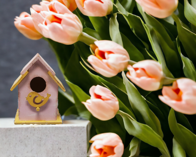 Mini pink and yellow birdhouse for a spring tiered tray