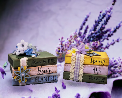 Mini wooden spring book stacks for a tiered tray