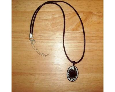 Black Rose Cameo Pendant Necklace, Satin Cord, 18X25 mm