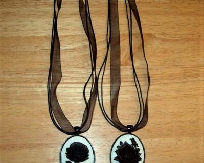 Black Rose Cameo Pendant Necklace with Organza Ribbon