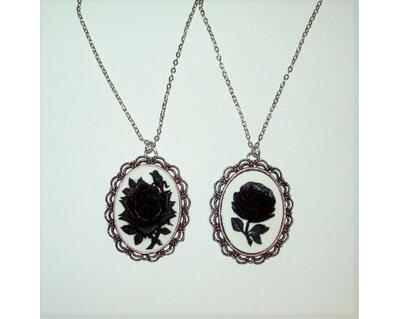 Black Rose Cameo Pendant, Silver Chain
