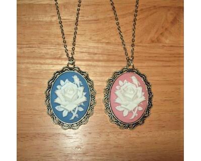 Victorian Rose Cameo Pendant Necklace, Blue or Pink, 40X30 mm