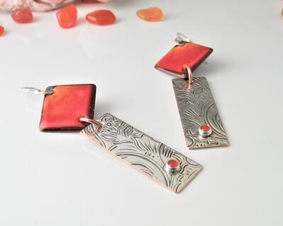 Dazzling Sunset Orange Enameled Copper Earrings with Upcycled Silver Bar Dangle and Carnelian Gemstone
