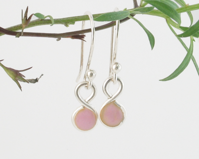 Tiny blush pink enameled fine silver drop earrings