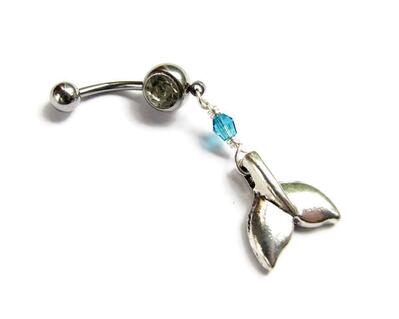 Silver and teal blue whale fluke belly ring