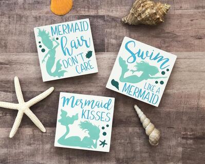 Mermaid Wood Sign Trio, Swim Like A Mermaid, Mermaid Hair Don't Care, Mermaid Kisses
