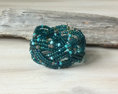 Deep sea blue beaded and braided cuff bracelet