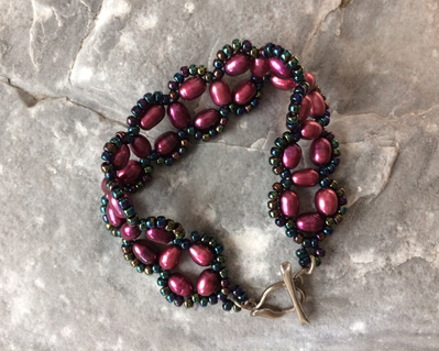 Peacock beads and purple pearls woven bracelet with sterling clasp
