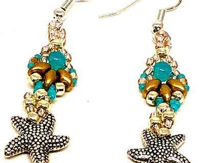 Handmade Turquoise Gold Silver Shell Starfish Earrings