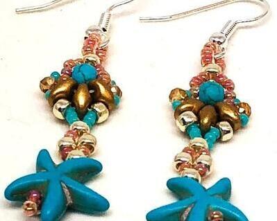 Handmade Turquoise Gold Silver Starfish Earrings