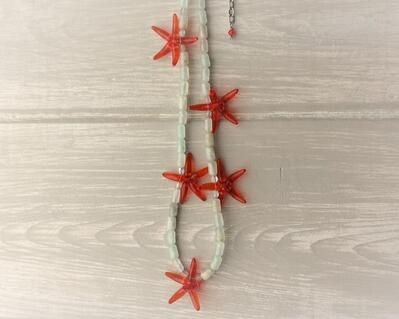 Red wiggly starfish and jadeite beaded necklace