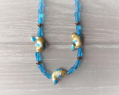 Cloisonne golden fish and frosted aqua beaded necklace
