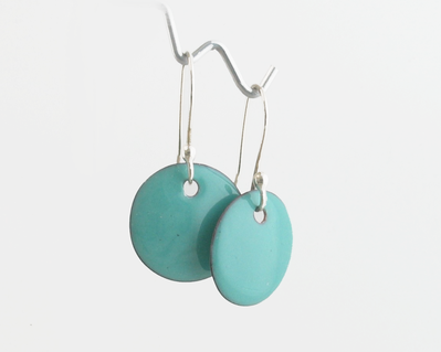 Small Enameled Copper Round Disc Dangle Earrings Sea Foam Turquoise