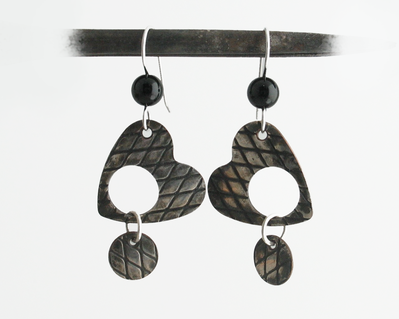 Silver Heart and Black Onyx Articulated Earrings