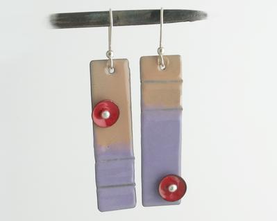 Pops of Color Fold Formed Copper Enamel Lavender Beige with Red Button Bar and Button Dangle Earrings Argentium 935 Sterling Silver Earwires