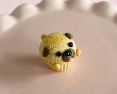 fireflyFrippery Miniature Pug Cupcake on Pink Display Stand