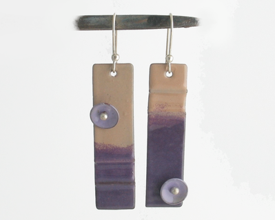 Pops of Color Fold Formed Copper Enamel Tan and Purple with Pale Lavender Button Dangle Earrings Argentium 935 Sterling Silver