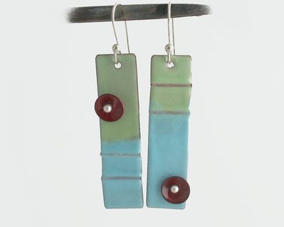 Pops of Color Fold Formed Copper Enamel Pale Blue and Lichen Green with Dark Red Button Dangle Earrings Argentium 935 Sterling Silver