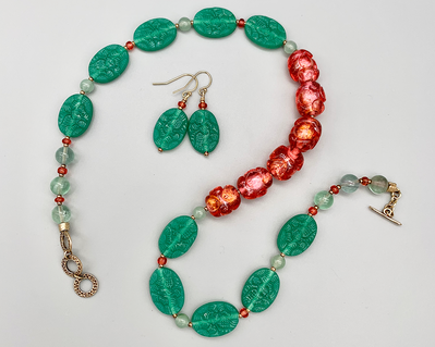 Watermelon palette necklace set — aqua-green pressed glass and watermelon pink vintage glass beads