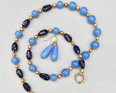 Necklace set Japanese 1950s chalcedony blue glass beads, Italian black/periwinkle/aventurina planed ovals, freshwater pearls