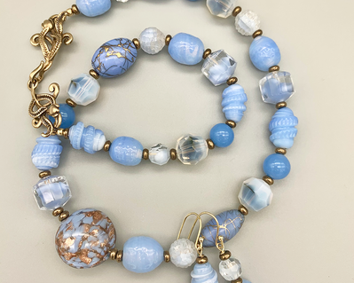 Necklace set |  Cornflower blue periwinkle mid-century glass beads, Venetian copper foil focal
