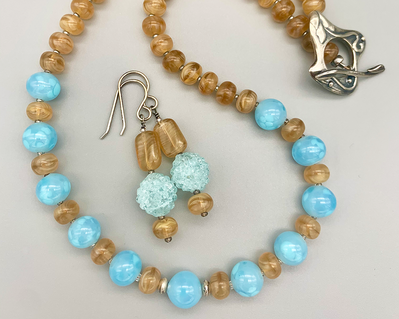 Necklace set | Warm honey amber and cool pale aqua vintage glass beads