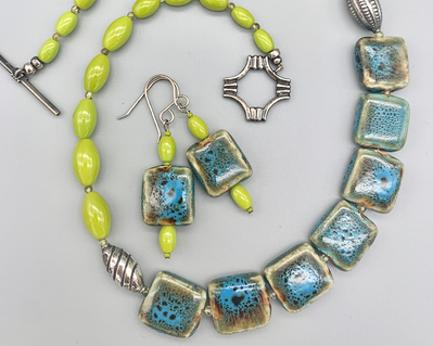 Necklace set | Graduated strand pf vintage chartreuse glass beads, blue-green ceramic tiles, Bali and sterling silver