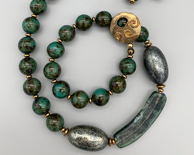 Necklace set | Antique Czech beads, curved lampwork focal, artisan bronze clasp